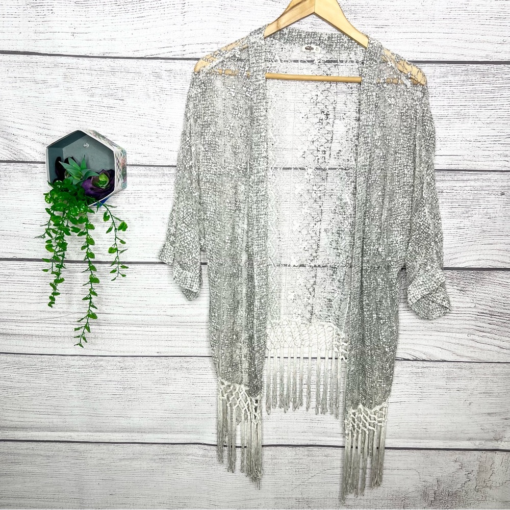 Hollister Sheer Gray Crochet Lace Fringe Open Front Kimono Cardigan Size M/L